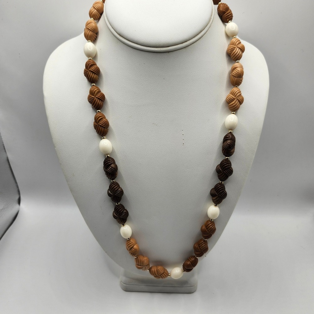 Vintage Beaded Knot Necklace Brown Cream Resin Graduated Strand Gold Tone Clasp